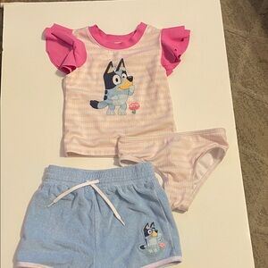 Bluey Toddler Girl Size 3T Pink & Blue Swim Top, Bottom, & Shorts Set